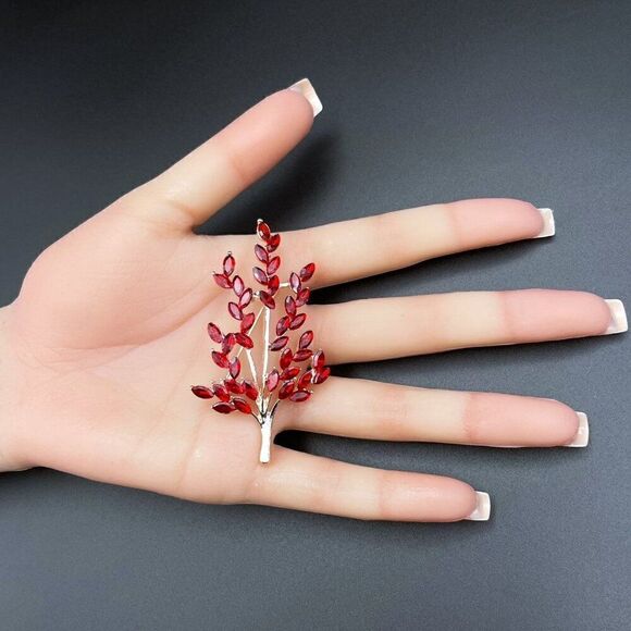 Rose Gold with Ruby Red Crystal Tree Branch with Leaves Pin Back Brooch - Picture 9 of 9